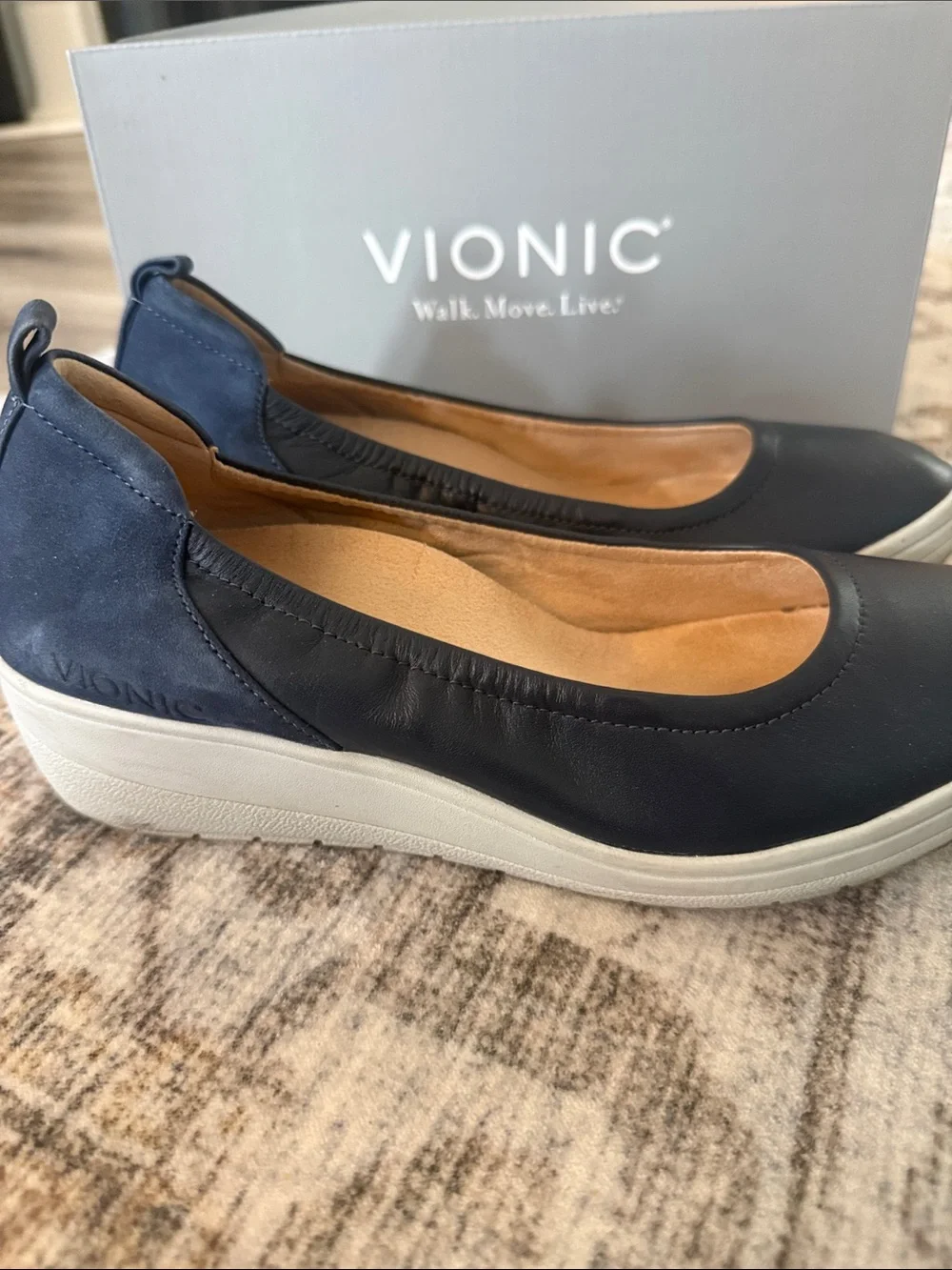 Vionic Navy Leather Slip-On Flats with White Platform